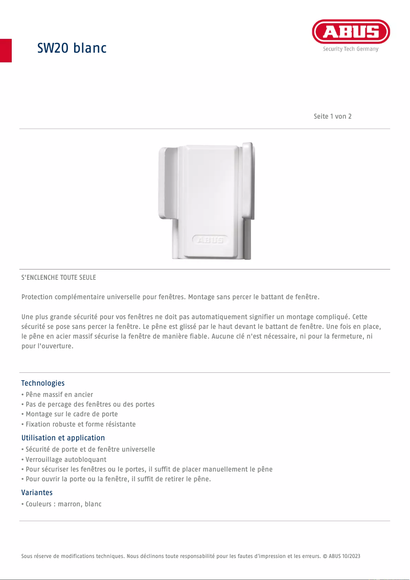 Page n°1 - Fiche technique Abus SW20