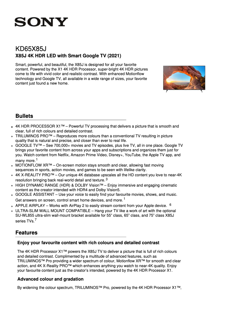 Page 1 de la notice Fiche technique Sony KD-65X85J