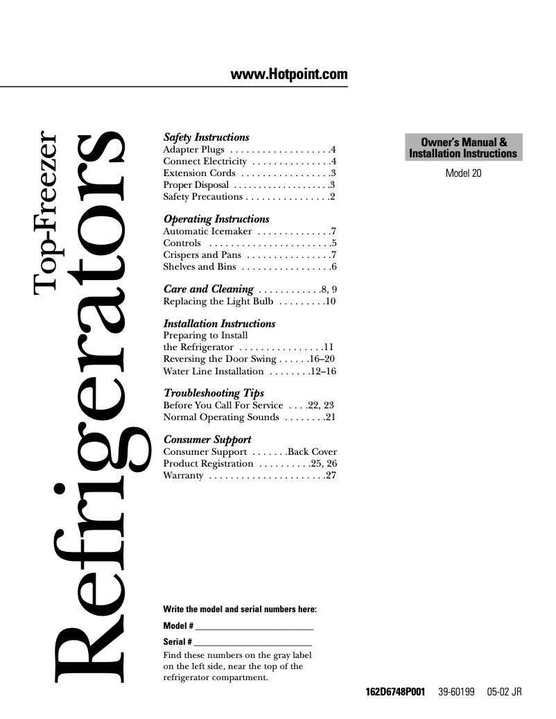 Page 1 de la notice Manuel d'utilisation et d'entretien Hotpoint HTS18JBNWW