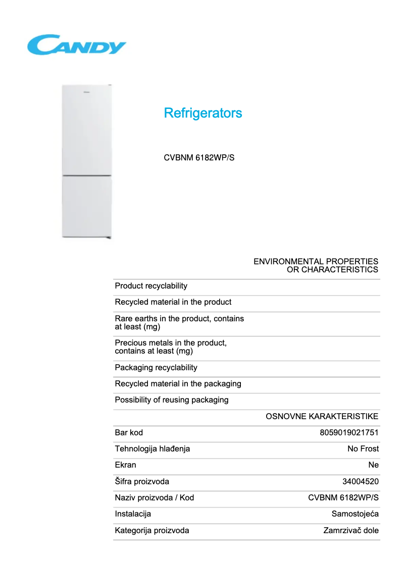 Page 1 de la notice Fiche technique Candy CVBNM 6182WP/S