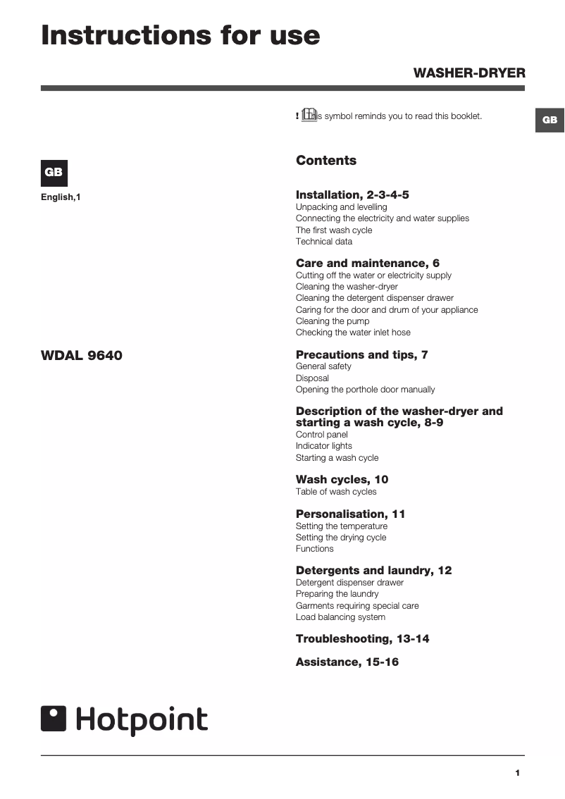 Page 1 de la notice Manuel utilisateur Hotpoint Ariston WDAL9640G