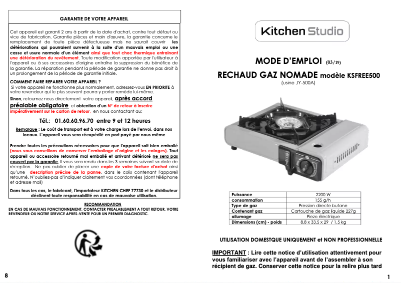 Page 1 de la notice Manuel utilisateur Kitchen Chef KSFREE500