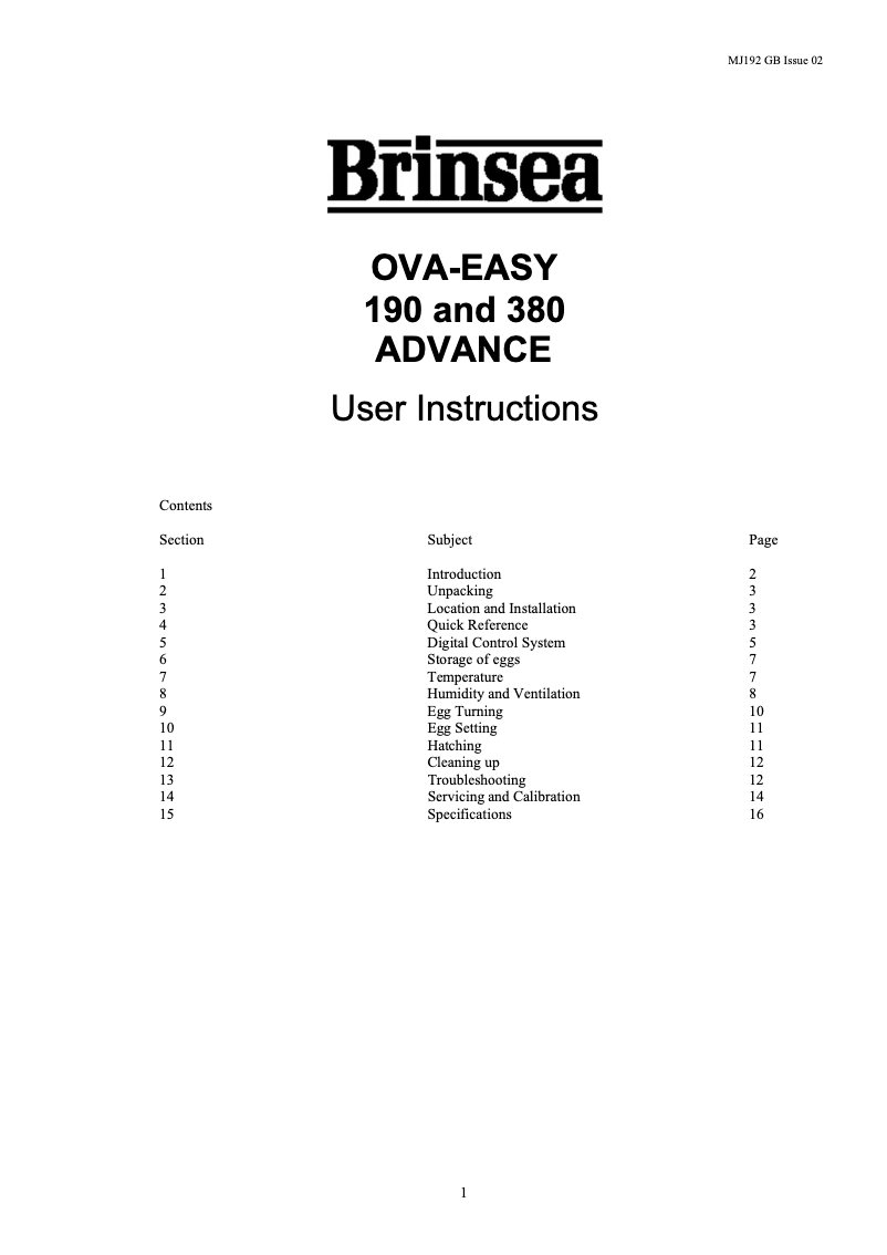 Page 1 de la notice Manuel utilisateur Brinsea OvaEasy 190 Advance