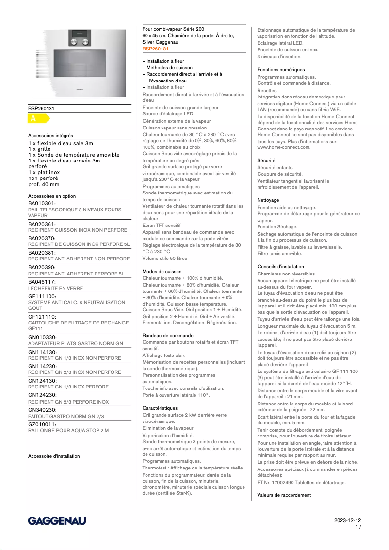 Page 1 de la notice Fiche technique Gaggenau BSP260131