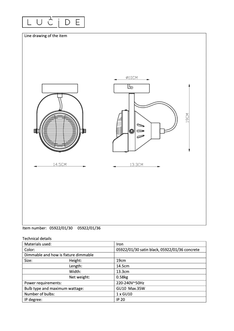 Page 1 de la notice Manuel utilisateur Lucide Cicleta 05922/01/36