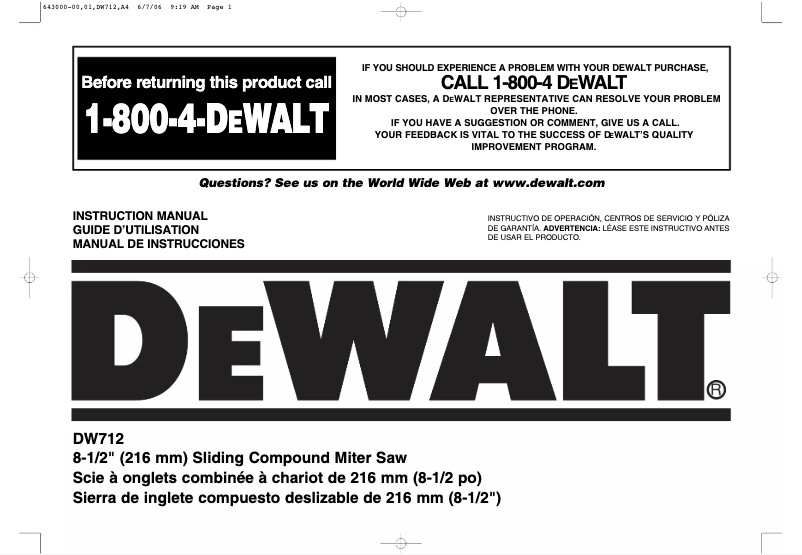 Page 1 de la notice Manuel utilisateur DeWalt DW712