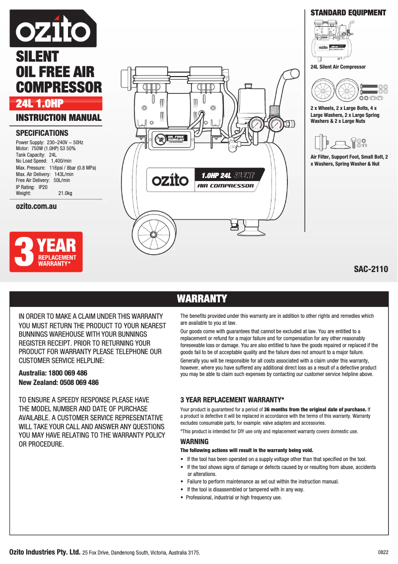 Page 1 de la notice Manuel utilisateur Ozito SAC-2110