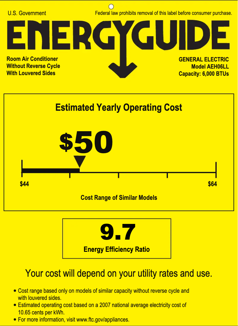 Page n°1 - Label énergétique GE AEH06LL