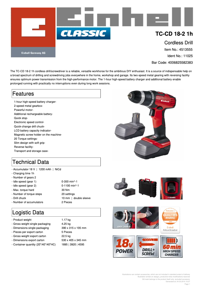 Page 1 de la notice Fiche technique Einhell TC-CD 18-2 1h