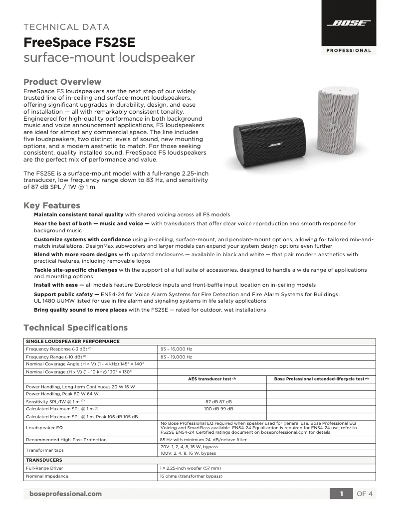 Page 1 de la notice Fiche technique Bose FreeSpace FS2SE