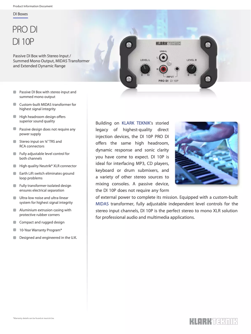 Page 1 de la notice Fiche technique Klark Teknik DI 10P