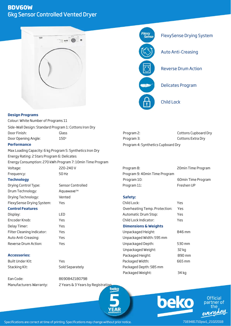 Page 1 de la notice Fiche technique Beko BDV60W