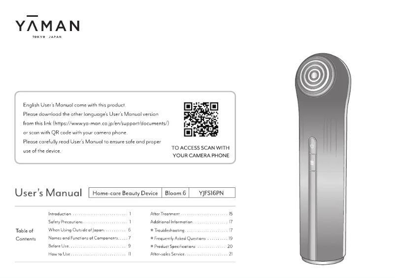 Page 1 de la notice Manuel utilisateur YA-MAN Bloom 6