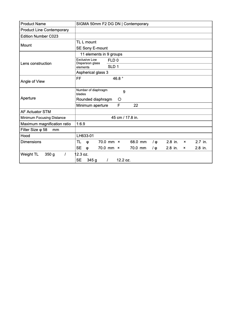 Page 1 de la notice Fiche technique Sigma 50mm F2 DG DN