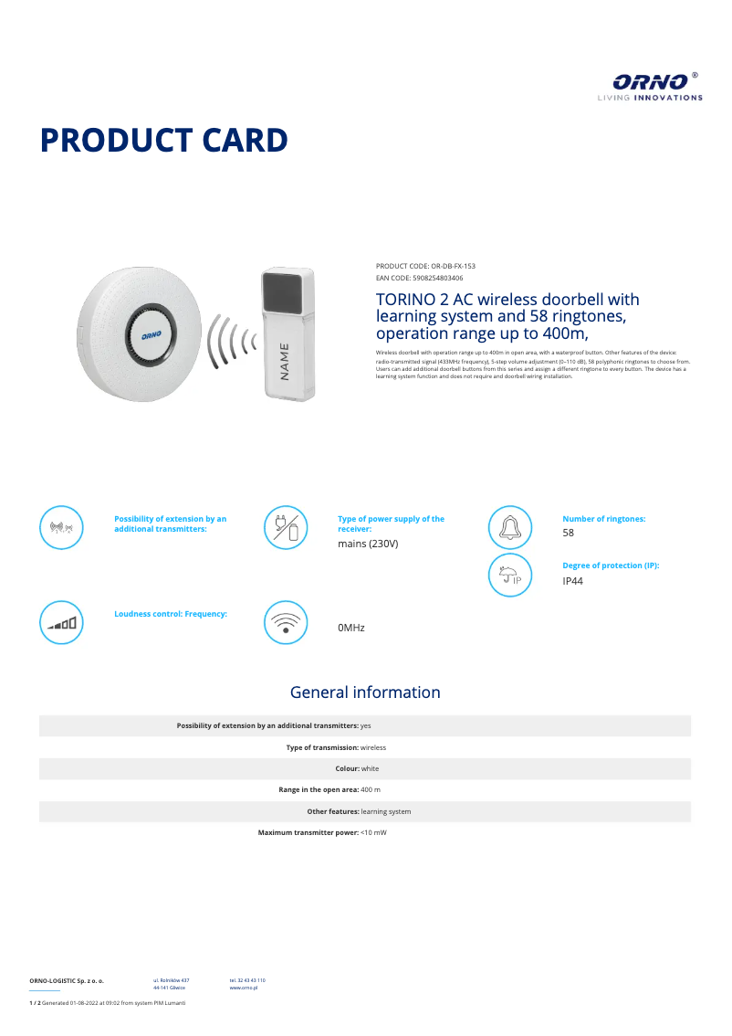 Página 1 del manual Ficha técnica ORNO OR-DB-FX-153
