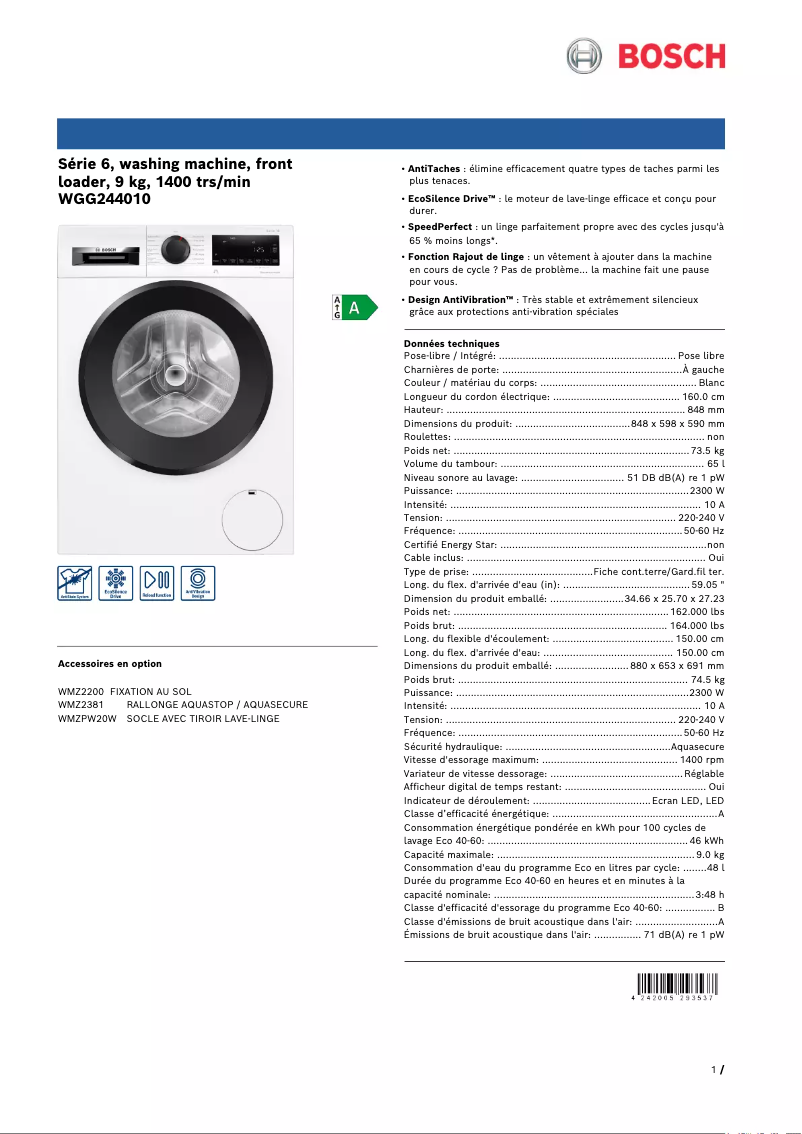 Página 1 del manual Ficha técnica Bosch WGG244010