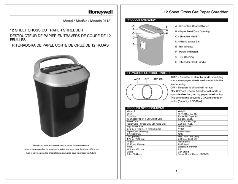 Page n°1 - Manuel utilisateur Honeywell 9112