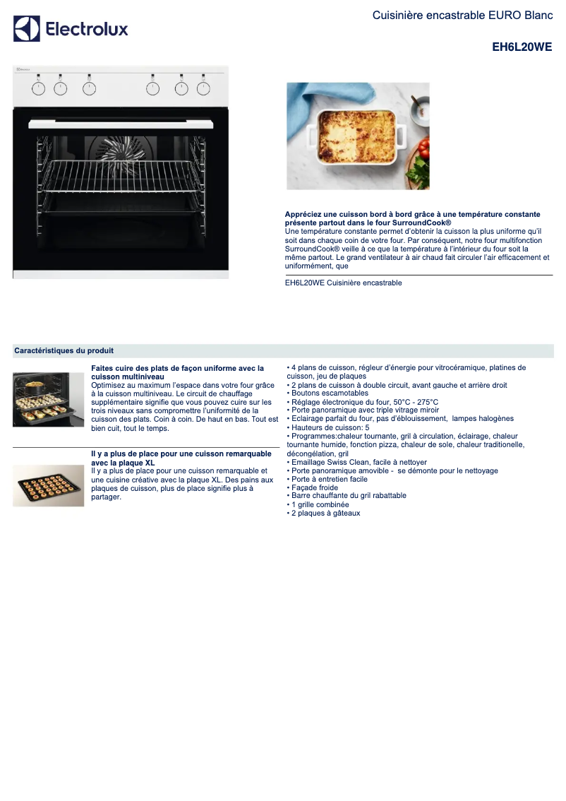 Page 1 de la notice Fiche technique Electrolux EH6L20WE