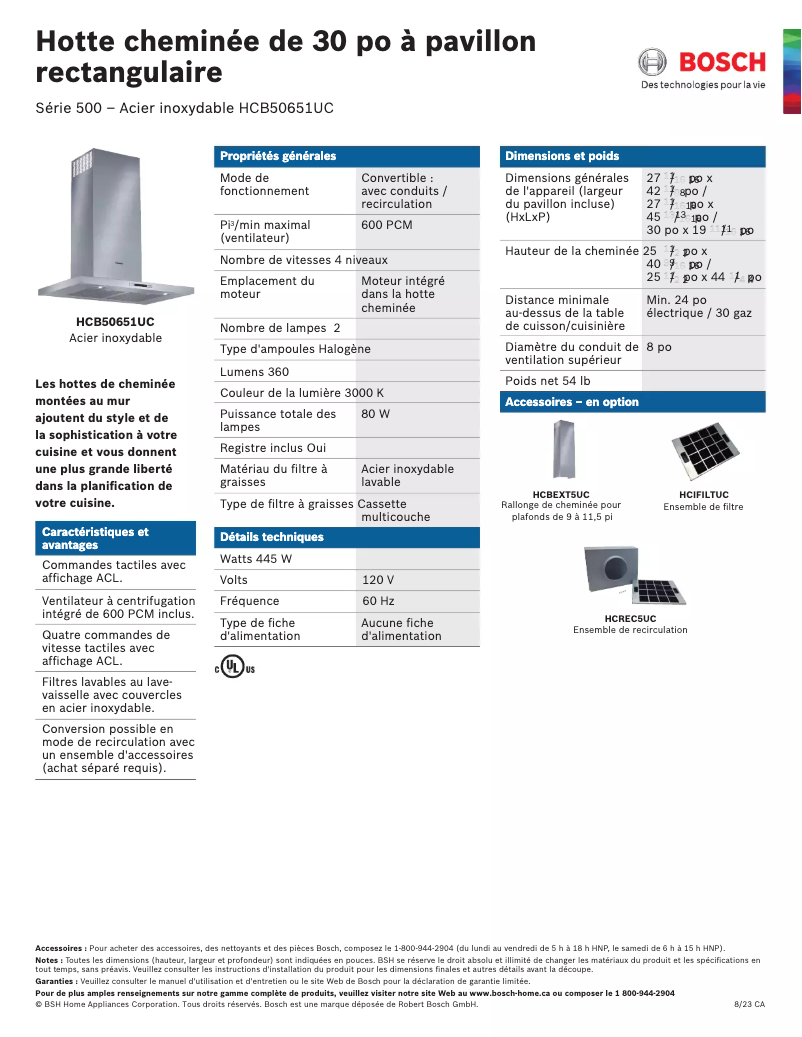 Page 1 de la notice Fiche technique Bosch HCB50651UC