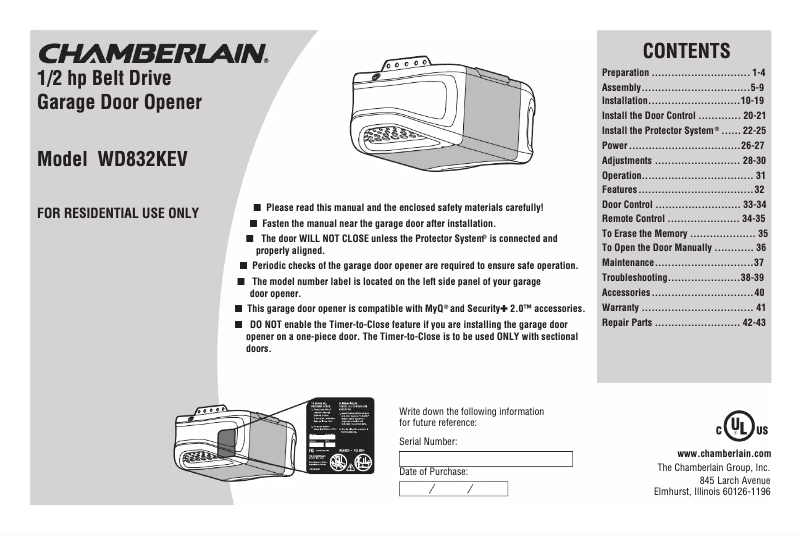 Page n°1 - Manuel utilisateur Chamberlain WD832KEV