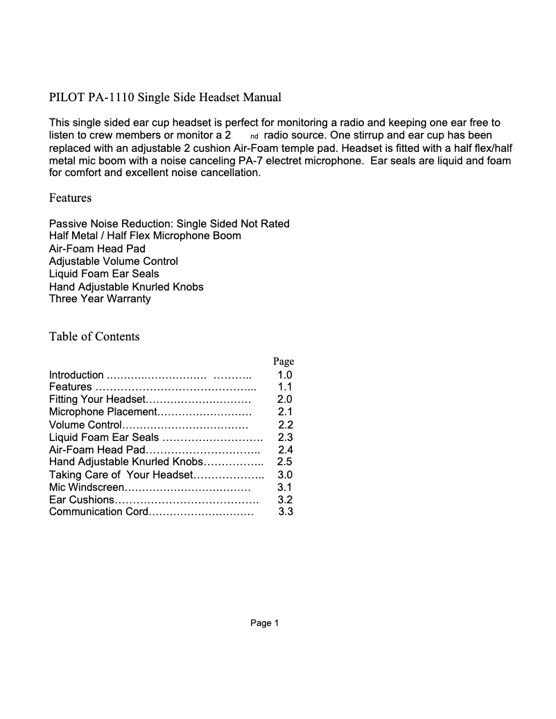 Page n°1 - Manuel utilisateur Pilot PA-1110H