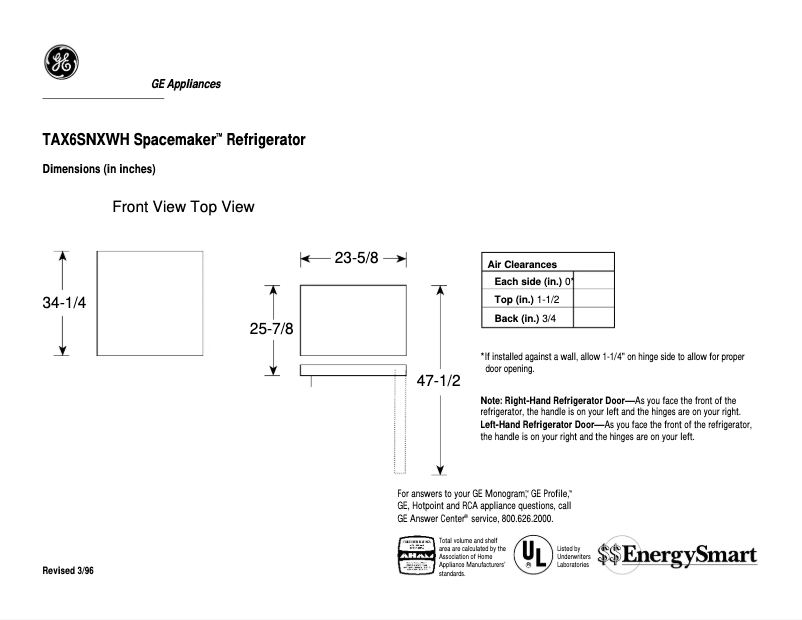 Page 1 de la notice Fiche technique GE TAX6SNXWH