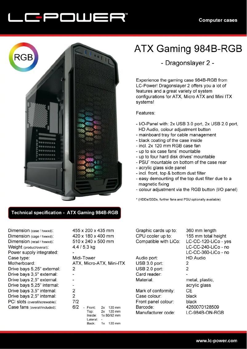 Page 1 de la notice Fiche technique LC-Power Gaming 984B-RGB Dragonslayer 2