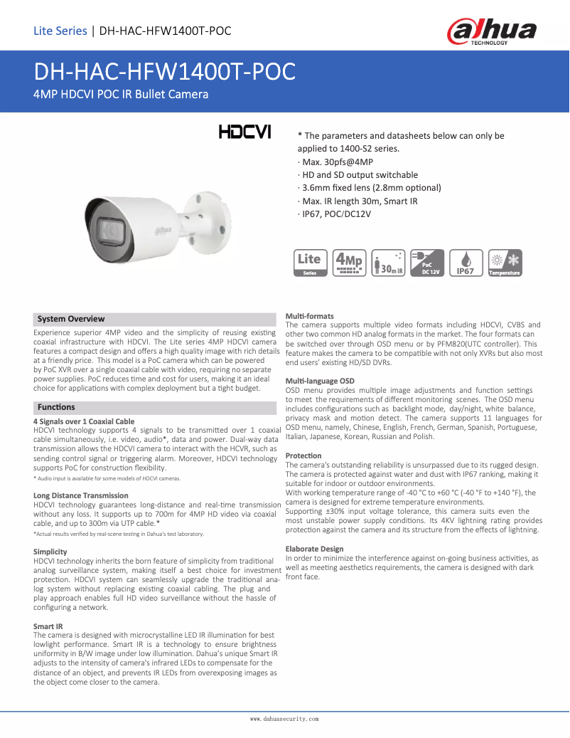 Page n°1 - Fiche technique Dahua Technology HAC-HFW1400T-POC