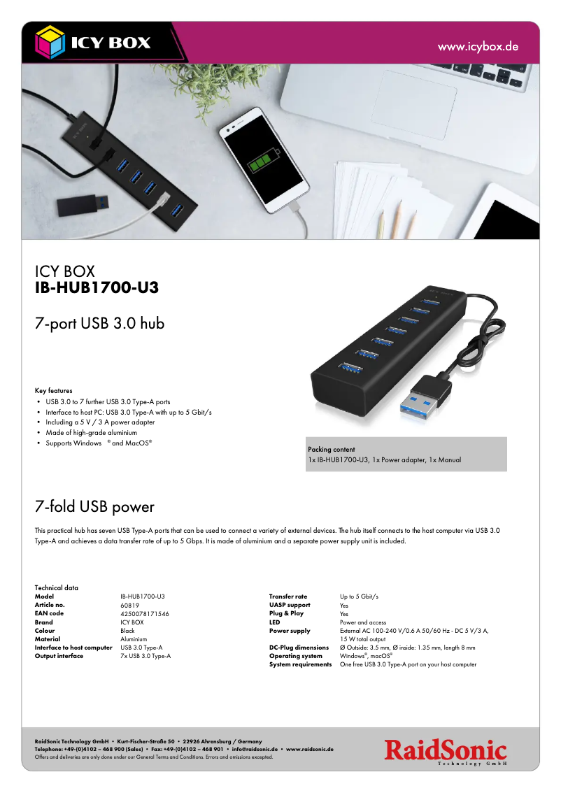 Page 1 de la notice Fiche technique Icy Box IB-HUB1700-U3