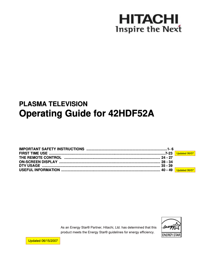 Page 1 de la notice Manuel utilisateur Hitachi 42HDF52A