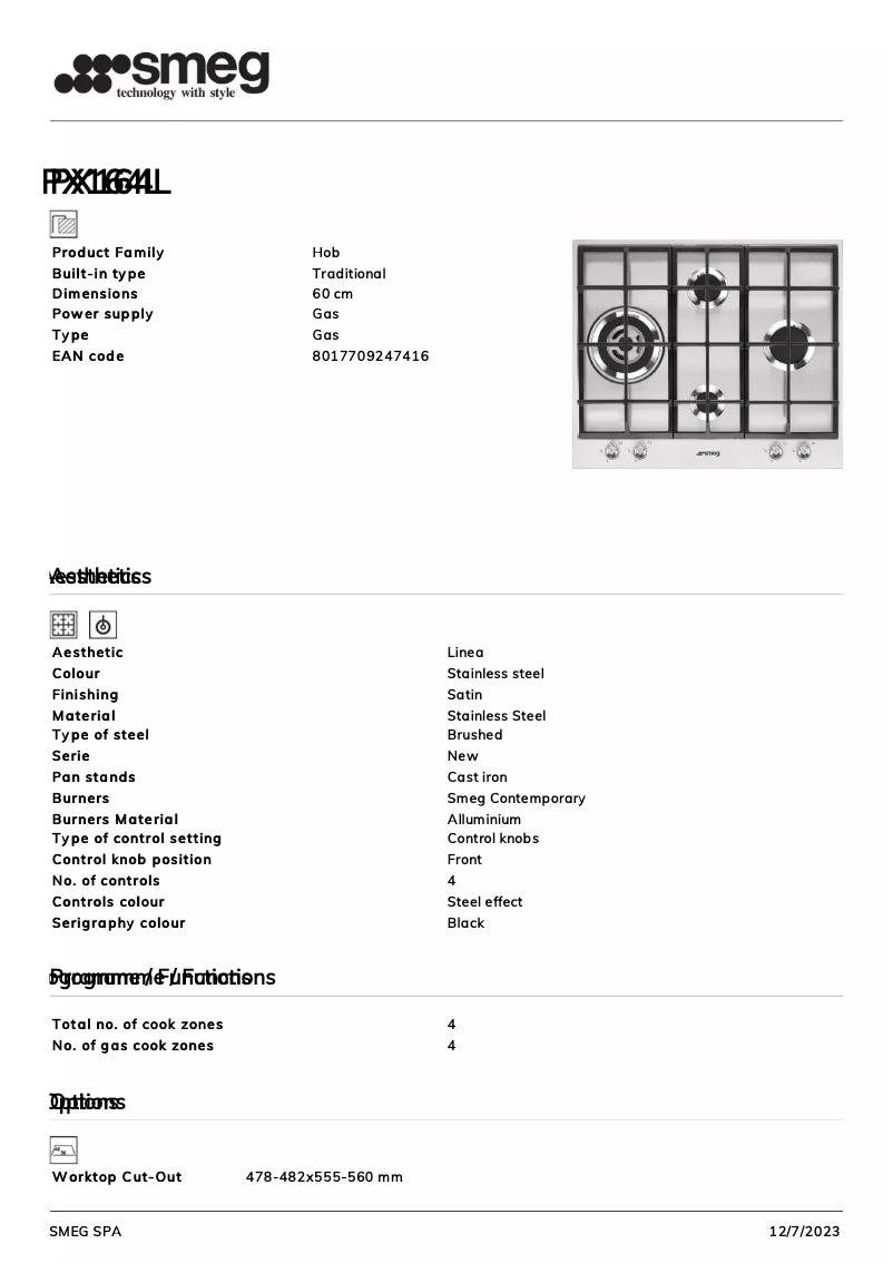 Page 1 de la notice Fiche technique Smeg PX164L
