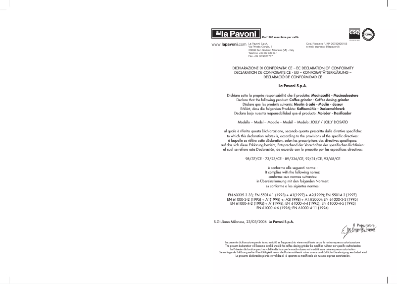 Page 1 de la notice Manuel utilisateur la Pavoni Jolly Dosato