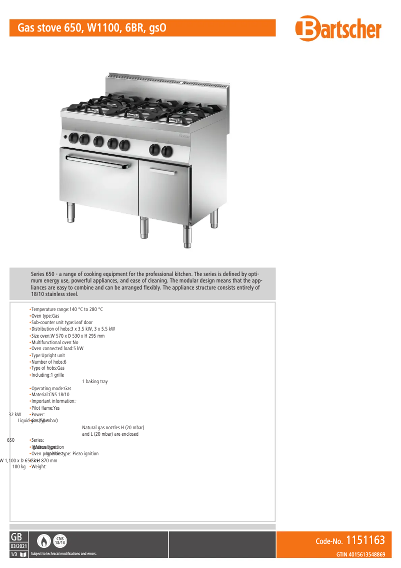 Page 1 de la notice Fiche technique Bartscher 1151163