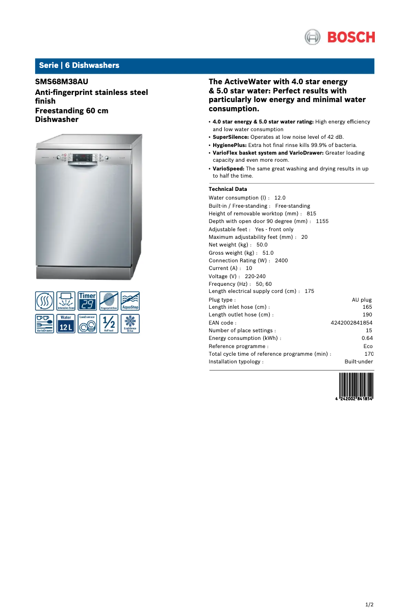 Image de la première page du manuel de l'appareil SMS68M38AU