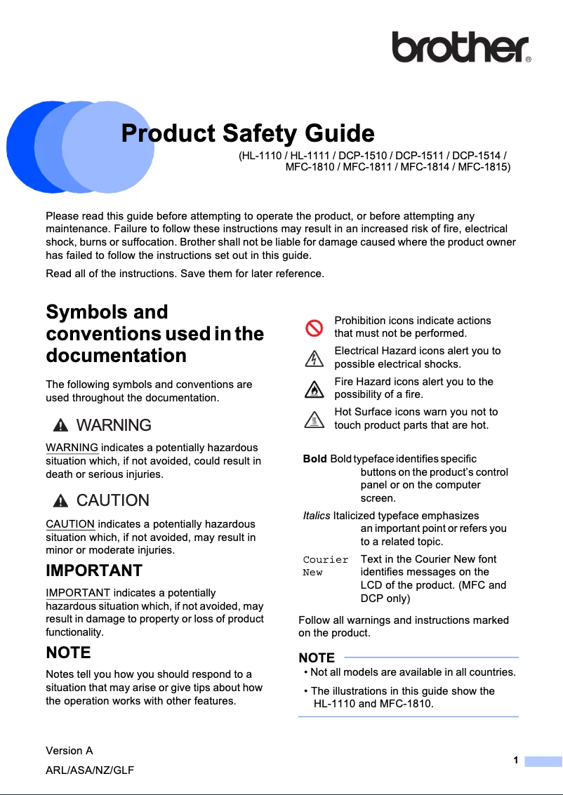 Page n°1 - Instructions de sécurité Brother DCP-1510