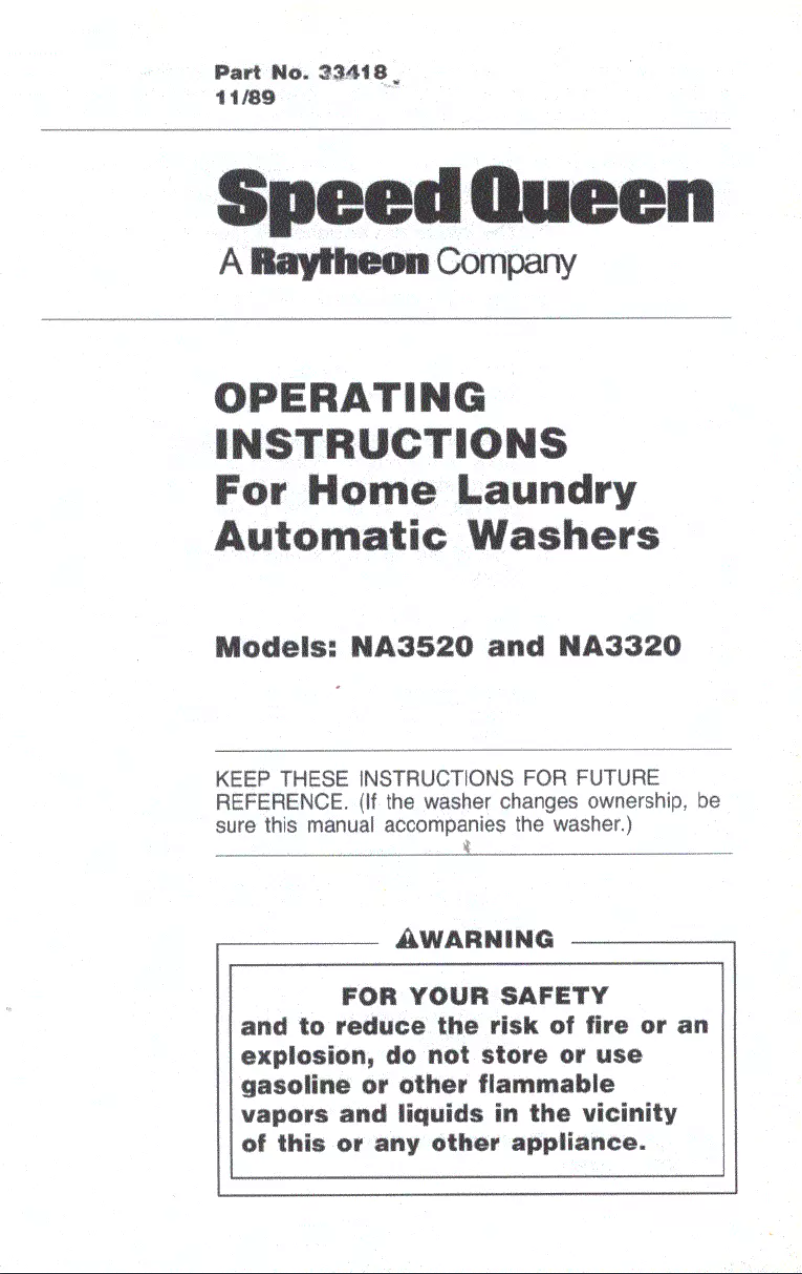 Page n°1 - Manuel utilisateur Speed Queen NA3520W