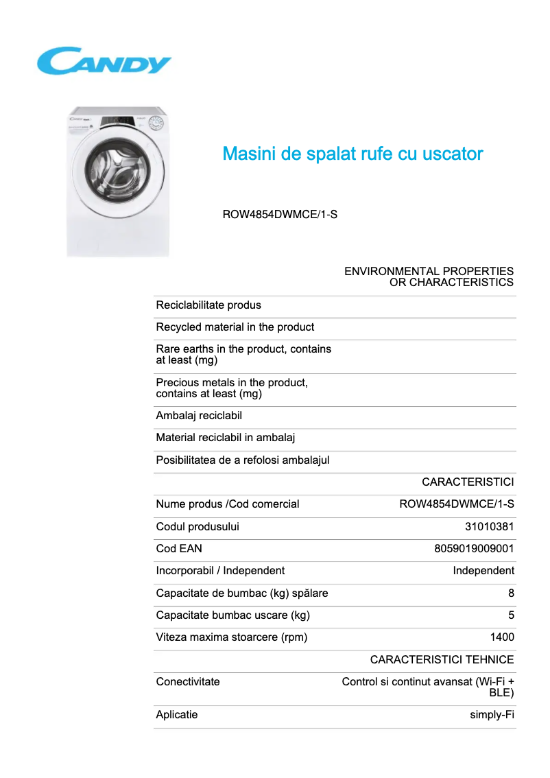 Page 1 de la notice Fiche technique Candy ROW4854DWMCE/1-S