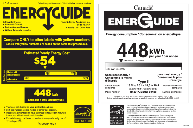 Page n°1 - Label énergétique Fisher & Paykel RF201ADX5 N