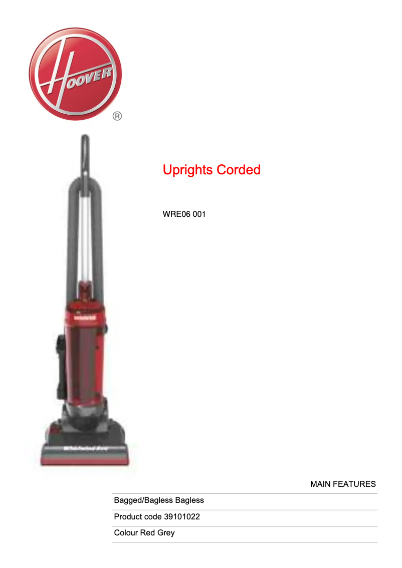 Page n°1 - Fiche technique Hoover Whirlwind Evo WRE06 001