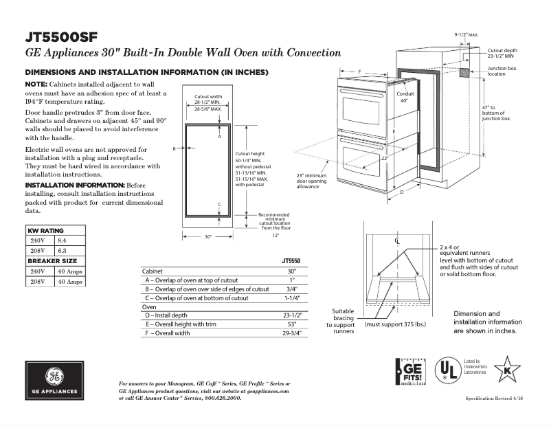 Page n°1 - Fiche technique GE JT5500BLTS