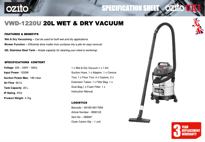 Page 1 de la notice Fiche technique Ozito VWD-1220U