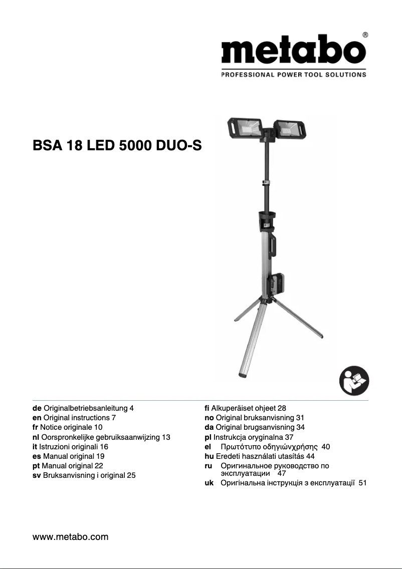 Page 1 de la notice Manuel utilisateur Metabo BSA 18 LED 5000 DUO-S