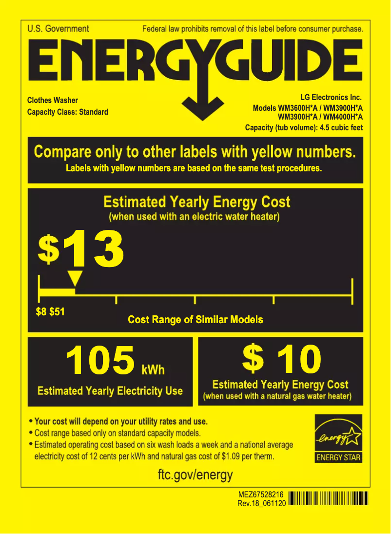 Page 1 de la notice Label énergétique LG WM3900HWA