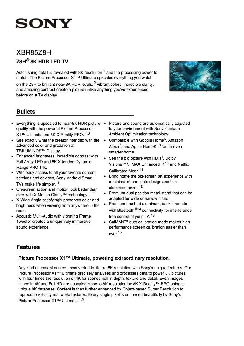 Página 1 del manual Ficha técnica Sony XBR-85Z8H