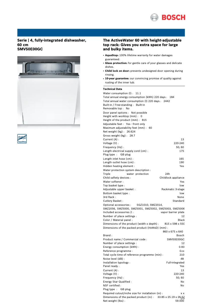 Page 1 de la notice Manuel utilisateur Bosch SMV50E00GC