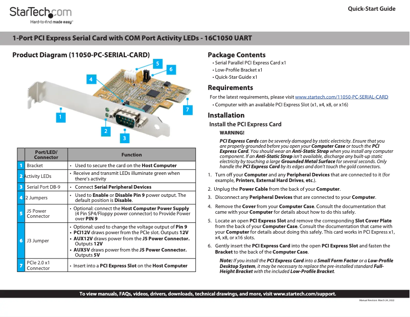 Page 1 de la notice Manuel utilisateur StarTech.com 11050-PC-SERIAL-CARD