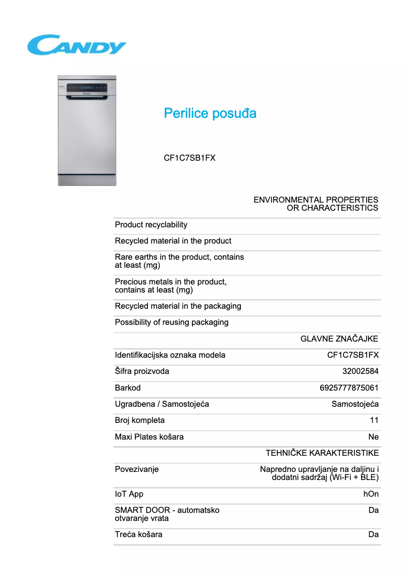 Page 1 de la notice Fiche technique Candy CF1C7SB1FX