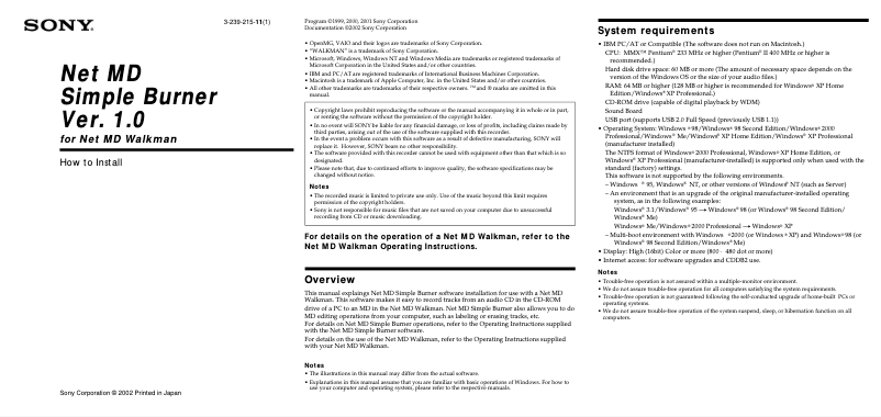 Page 1 de la notice Guide d'installation Sony MZ-NF610