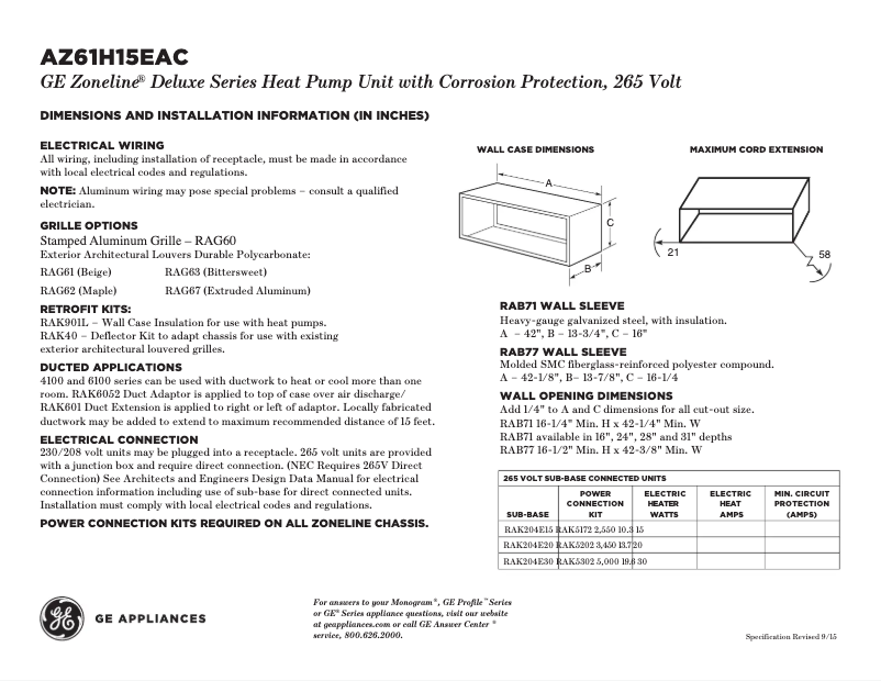 Page n°1 - Fiche technique GE AZ61H15EAC Zoneline