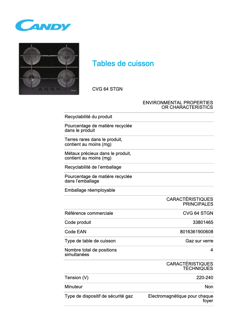Page 1 de la notice Fiche technique Candy CVG 64 STGN